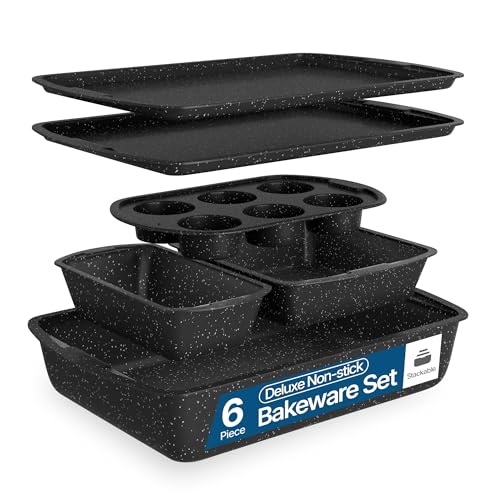 Bakken Swiss - Bakeware Set – 6 Piece – Stackable, Deluxe, Non-Stick Baking Pans for Professional and Home Cooking – Carbon Steel, Gray Stone Coating - color: Gray Marble, size: 6 Piece Set