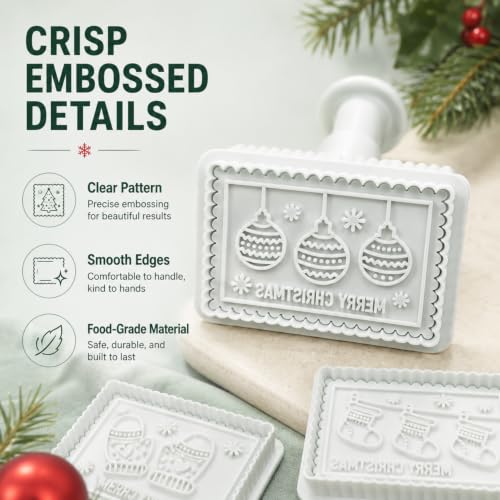 4-Piece 3D Merry Christmas Cookie Cutter and Stamp Set, Plastic