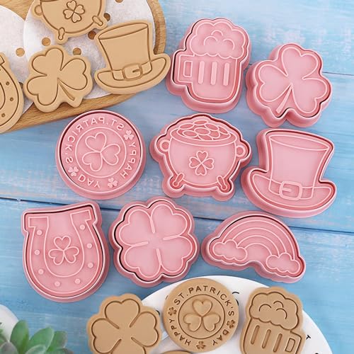St. Patrick's Day Cookie Cutters, 8Pcs 3D Plastic Cookie Molds Cartoon Shamrock Four Leaf Clover Horseshoe Biscuit Cutters for Irish Holiday Party Baking Cutting Tool (D8) - color: D8