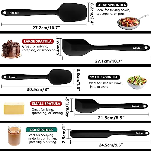 Anaeat Silicone Spatula Set of 5 - Seamless One-Pieces Design, Non-Stick Rubber Spatulas Kitchen Scraper Flexible for Easy Baking, Cooking, Scraping & Mixing, Heat Resistant & Dishwasher Safe - color: 5 Pcs Spatulas (Black), size: Essential Spatula Set