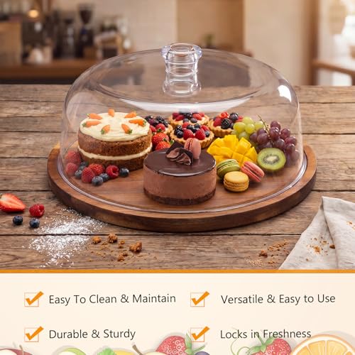 Mifoci 2 Pack Acacia Wood Cake Stand Serving Tray with Acrylic Lid, Charcuterie Table Display Set, 12 x 12 Inches Dessert Serving Tray Set for Bakery, Buffet, Home Party & Restaurant - color: Acacia Wood, size: 12 x 12 Inches