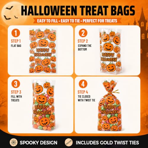 NPLUX 100 Pack Halloween Treat Bags,Twist Ties,Pumpkin Face,6x10x2.4 in - color: Halloween02