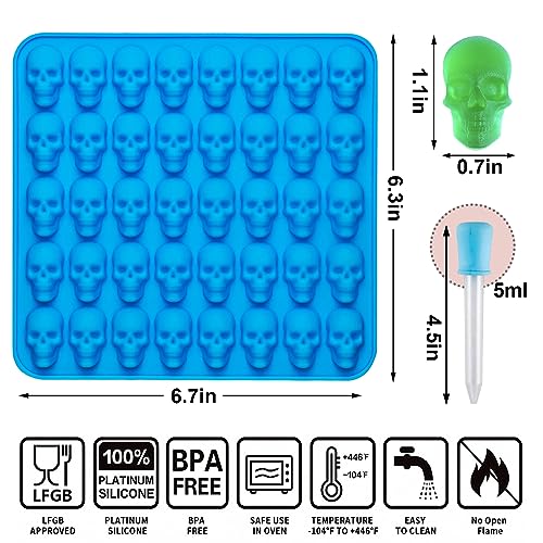Sidosir 4Pcs Gummy Skull Chocolate Molds, Gummy Skull Candy Molds, Non-stick Silicone Candy Molds with 2 Droppers