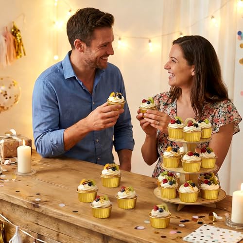 100-Pack 5 oz Gold Mini Cake Pans with Lids, Disposable Aluminum Foil Baking Cups, Muffin Tins, Ramekins for Cupcakes, Brownies, Flan, Pudding - for Wedding, Anniversary, Birthday Parties - color: Gold