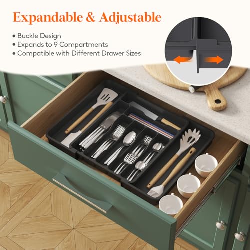 Lifewit Expandable Silverware Drawer Organizer, Kitchen Utensil Tray - color: Black, size: Large Deep（11.8-19.6'W x 15''D）