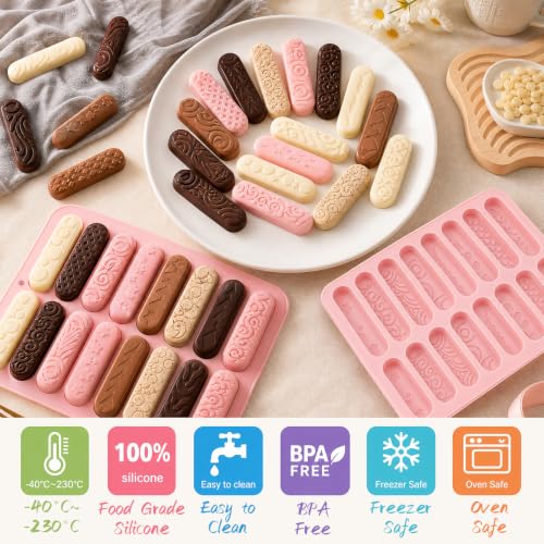 2 Pack Finger Biscuit Silicone Chocolate Bar Molds, 16 Cavities Bars Mold