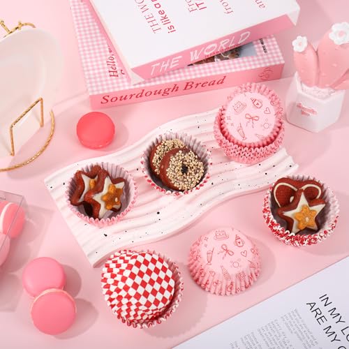 JarThenaAMCS 300 Pcs She's Ready to Pop Cupcake Liner Red White Plaid Bow Paper Baking Cups Soda Muffin Liners Wrappers for Baby Shower Gender Reveal Newborn Party, 2 x 1.2 Inch