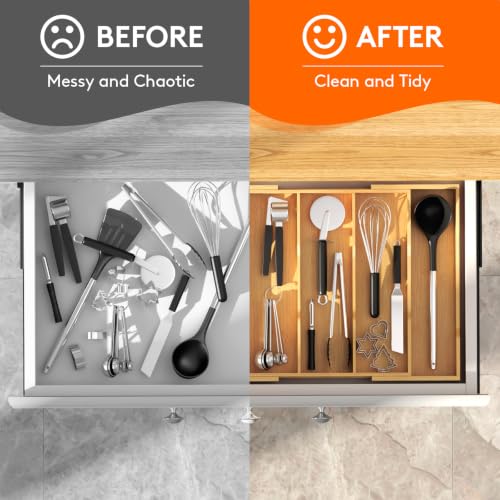 Lifewit Bamboo Kitchen Drawer Organizer, Cooking Utensil Silverware Tray - color: Natural, size: 5 Slot(12.6~22.8''W x 14'' D)