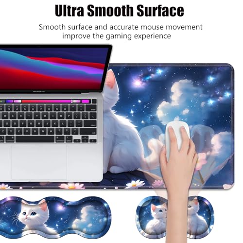 4 in 1 Ergonomic Memory Foam Mouse Pad Wrist Rest Set, Large XXL Gaming Desk Pad + Keyboard Wrist Rest + Mouse Wrist Cushion + Coaster for Home Office Study Gaming, Cute Cat - color: Cute Cat