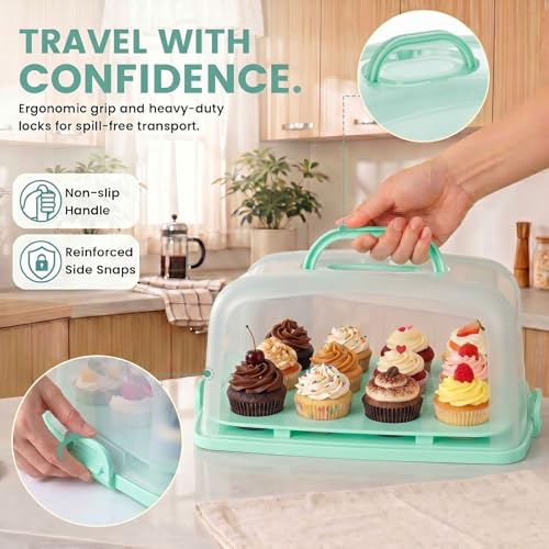 VGOODALL Cake Carrier with Lid and Handle, 12 Capacity Cupcake Holder for Muffin Pies Candies Fruits Snacks Desserts, Perfect for Sheet Cakes, Dishwasher Safe - color: Cake Carrier-Green