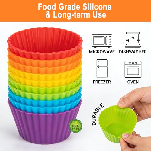 Reusable Non-Stick Silicone Baking Cups, Food Grade BPA Free Cupcake Muffin Liners, Oven & Dishwasher Safe Easy Release, Multicolor Rainbow, 24 Pack, for Muffins Cupcakes - color: 24pc- Multicolor