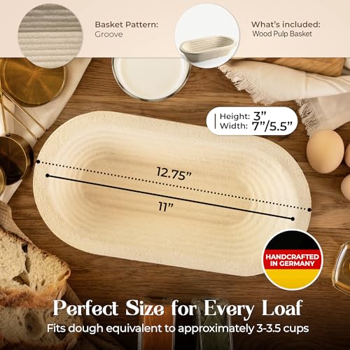 Wood Pulp Banneton Bread Proofing Basket – 13" Oval 1.5LB Brotform, Grooved Pattern– Non-Stick Natural Wood Pulp Pressed for Durability– Made in Germany Proofing Basket for Sourdough Bread Baking