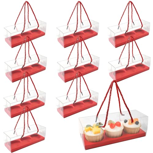 20pcs Clear Cupcake Boxes with Handle Women's Day Cupcake Container Transparent Bakery Cake Boxes Plastic Cake Carrier Baked Dessert Box for Wedding Party Favor (red) - color: Red