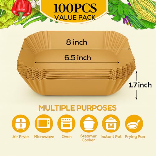 BYKITCHEN Small Air Fryer Disposable Paper Liners for 2 to 5QT Airfryer - size: 8inch (2 to 5 QT)-100pcs-square