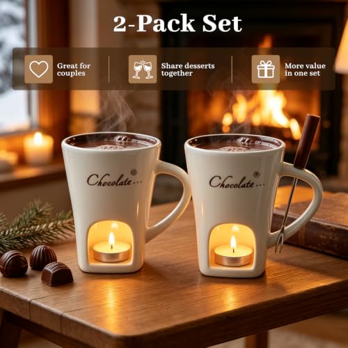 Chocolate Fondue Mug Set of 2, Ceramic Melting Cup, Candle & Fork - color: 2pcs White