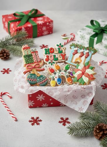 6Pcs Christmas Cookie Cutter Set - 2-3 Inch Large Size Christmas Gift Box with Sled, Holly Jolly, Fireplace, Bell, Lights & Wreath Shapes, Food Safe PLA, Kid Friendly for Winter Holiday