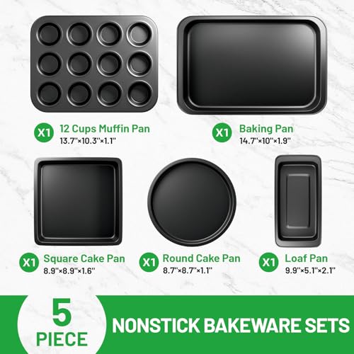 5-Piece Baking Pans Set, Nonstick Bakeware Sets, Black - color: Black