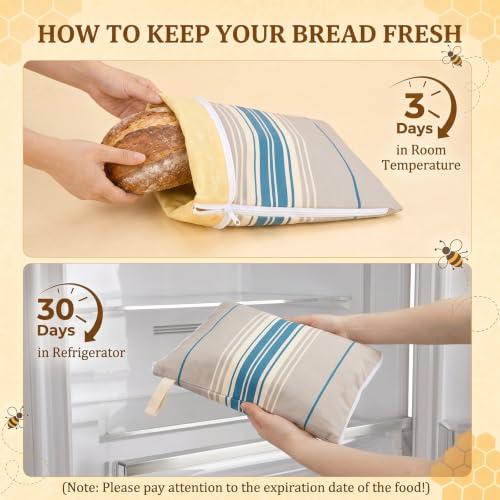 4-Pcs XL Beeswax Bread Bag Set: 2 Bags, Bowl Cover & Cleaning Sponge - color: Striped