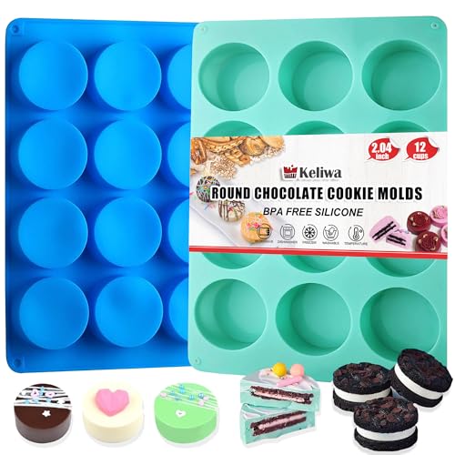 2 Pcs Chocolate Cookie Silicone Molds, 12-Cavity Round Silicone Mold, Baking Mold for Chocolate, Cookie, Candy, Mini Cake, Jelly, MuffinCakes - color: 2pc- 12 cup Blue+Green