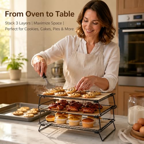 3 Pack Stackable Cooling Racks for Baking, 13.5 x 10 Inch Stainless Steel Wire Racks with Folding Legs, Oven Safe Baking Racks for Cookies, Cakes and Meat, Includes 50 Parchment Paper Sheets