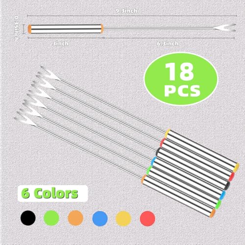 18 Pack Stainless Steel Fondue Forks, 9.3 In, 6 Colors
