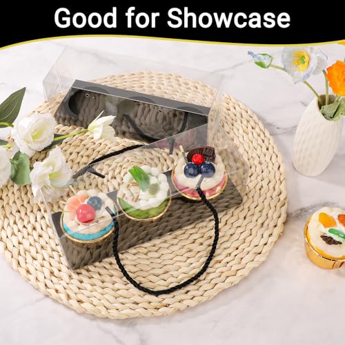 EUSOAR Clear Cupcake Boxes, 40 Pcs 9"x3"x3" Black 3 Compartments Pastry Cupcake Containers with Gift Rope Handle,Portable Dessert Muffins Holder Cookies Carrier for Birthday Wedding Party Bakery - color: Black