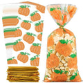peony man 120 Pcs Fall Cellophane Treat Bags Fall Pumpkin Candy Bags Glitter Autumn Plastic Goodie Treat Bag Clear Thanksgiving Gift Bag with Twist Ties for Autumn Harvest Thanksgiving Party Supplies