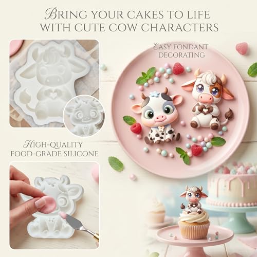 2Pcs Cow Silicone Fondant Mold with Heart-Hands for Cake Decorating - color: Highland Cow Silicone Mold