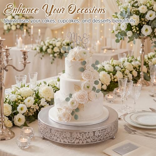 Wenqik 12 Inch Silver Cake Stand Set Metal Round Cupcake Dessert Stand with Cake Cutting, Flower Spatula Wedding Cupcake Pastry Display Candy Holder Display for Wedding Party Birthday Baby Shower - color: Silver, size: 12 Inch