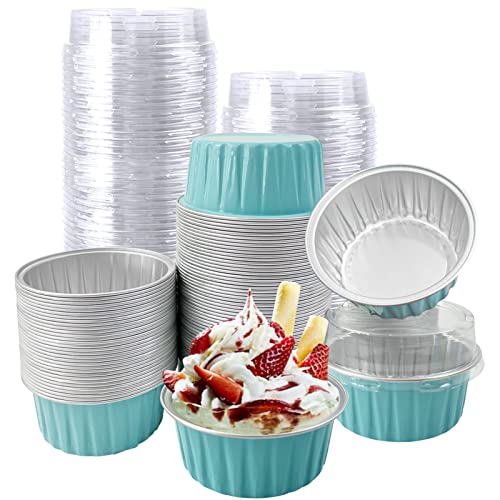 100Pcs Aluminum Cups with Lids,5oz Disposable Ramekin Baking Cups Muffin Liners Mini Pie Pans Foil Cupcake Containers for Christmas Party Wedding,Blue - color: Light Blue