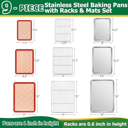TeamFar Stainless Steel Baking Sheet Pan with Rack & Mat - 16/12.5/10.5inch