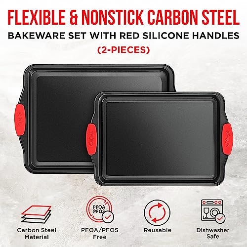 2 Piece Set Nonstick Carbon Steel Oven Bakeware -Professional Quality Kitchen Cooking Baking Trays -PFOA, PFOS, PTFE-Free Medium & Large Baking Sheet Pans with Red Silicone Handles - color: Black, size: Medium & Large