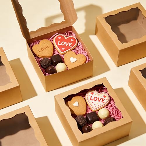 50pcs Cookie Boxes 5x5x2.5 Inch Bakery Boxes with Window Treat Box - color: Brown