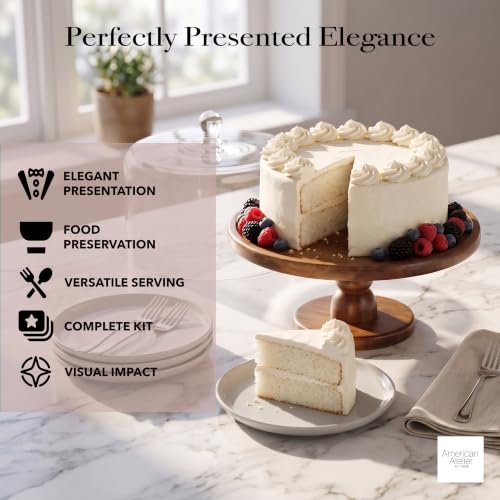 American Atelier Wooden Pedestal Cake Plate w/Glass Dome, Brown 11.8x12.2in