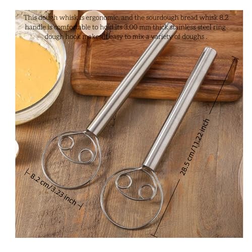 Danish Dough Whisk, 11.2 inch Stainless Steel Dough Hook Dutch Whisk for Bread Sourdough Mixer Hand Kitchen Whisking Mixing Tool
