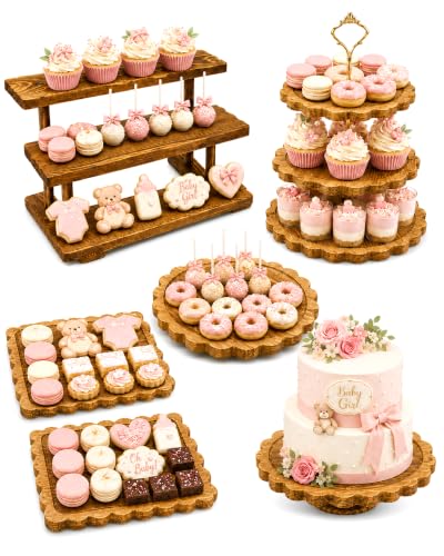 Wooden Dessert Table Display Set, 6-Piece Cake and Cupcake Stand Combo