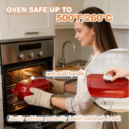 DIY Double Dutch Oven for Sourdough Bread Baking – Enamel Cast Iron Bread Baker with Lid, Bake Two Different Loaves at Once, 500°F Oven Safe, Includes 2×10" Banneton Proofing Baskets - color: Bright Red