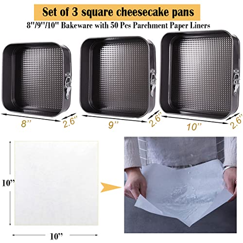 Lemengtree Springform Pan,3 Pcs Non-stick Square 8 inch/9 inch/10 inch Bakeware,Cheesecake Cake Pan with 50 Pcs Parchment Paper Liners(3 Pieces)