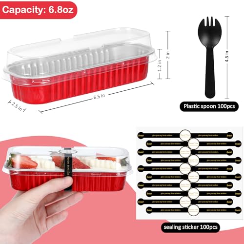 Mini Loaf Pans with Lids and Spoons (100 Pack, Red, 6.8oz) Rectangular Aluminum Foil Baking Pans - color: Red