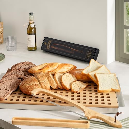 Bread Knife with Wooden Tray, 16.5" Serrated Sourdough Bread Knife, Premium Bow Bread Slicer for Homemade Bread, Bagels & Loaf, Stainless Steel Cutter (Birch, Narrow-Spacing) - color: Birch-Narrow