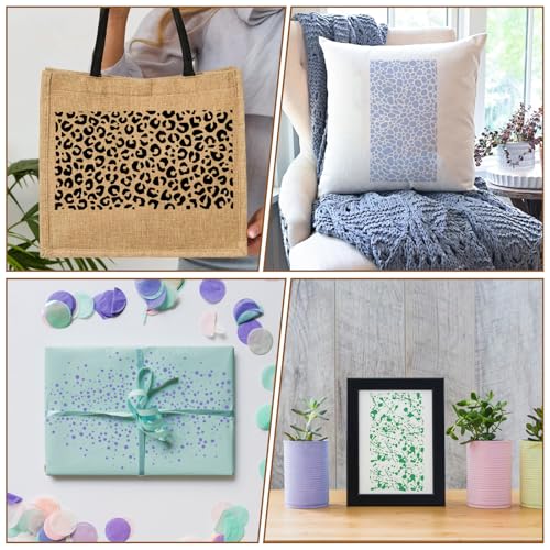 8 Pieces Stencils for Crafts, Leopard Brick Dot Layering Stencils with Keyring Mixed Media Plaid Texture Crackle Marble for Painting on Card Making Canvas DIY Crafts Furniture Paper Airbrush