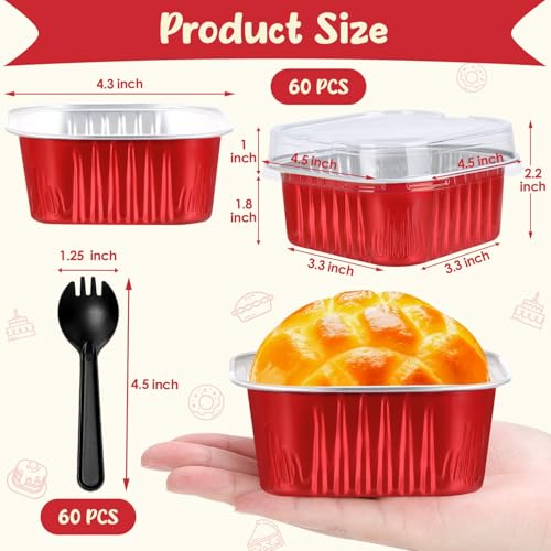 selizo 60 Pack 10oz Mini Disposable Cake Pans with Lids, Aluminum Foil Square Baking Cups, 4.4x4.4 Large Baking Cake Tins Cup Cake Containers with Lids for Individual Cakes - color: Red, size: 10oz