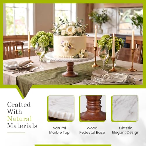 Go Home White Marble Cake Stand with Wooden Base – Elegant Round Cake Stand