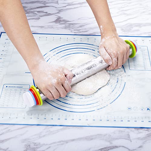 Stainless Steel Rolling Pin & Baking Mat Set with Adjustable Thickness Ring - size: 17-inch Blue