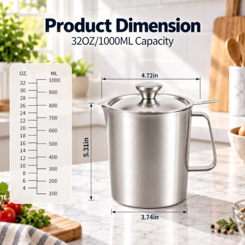 304 Stainless Steel Measuring Cup with Lid, Strainer, 32oz pitcher for Milk