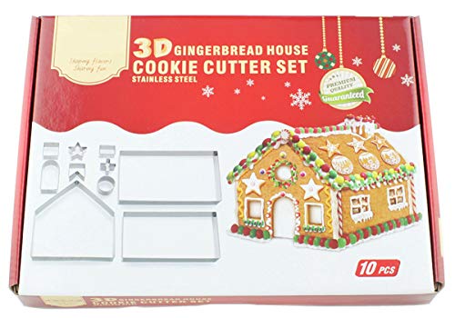 3D Christmas Gingerbread House Cookie Cutters Set, FantasyDay 10 Pcs 430 Stainless Steel Cartoon Snowflake Biscuit Cutter Pastry Mold for Holiday Birthday Cake Dough Donut Fondant - Baking Dough Tool - color: #1