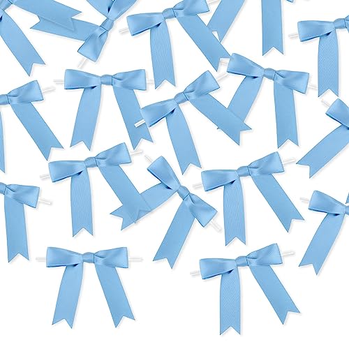 Meseey 50 Pcs 3 Inches Premade Dusty Blue Satin Ribbon Twist Tie Bow Pretied Craft Bows for Treat Bags Gift Wrapping Basket Wedding Baby Shower Brithday Christmas Party (Dusty Blue) - color: Dusty Blue