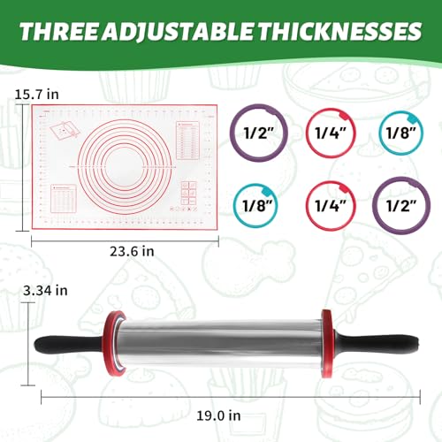 Rolling Pins Stainless Steel Silicone Baking Pastry Mat Set 19 Inch - color: Red