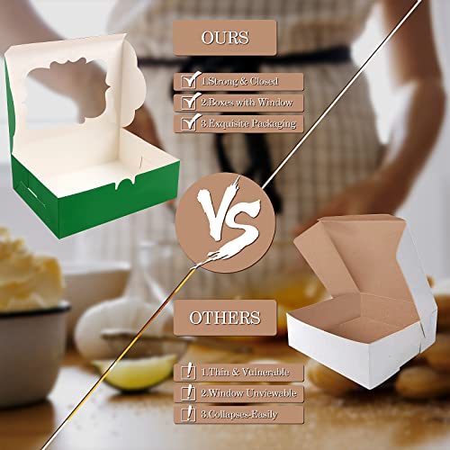 KPOSIYA 65 PCS 8x6x2.5 Inch Cookie Boxes with Window Green Bakery Boxes Pastry Boxes for Gift Giving, Treat, Dessert, Cupcakes, Chocolate, Strawberries, Donuts, Muffins (5 Style Windows) - color: Green(pack of 65)