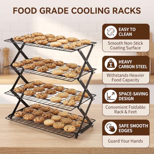 LIANYU 4-Tier Cooling Rack for Baking & Cooking, Collapsible & Space-Saving - color: Black